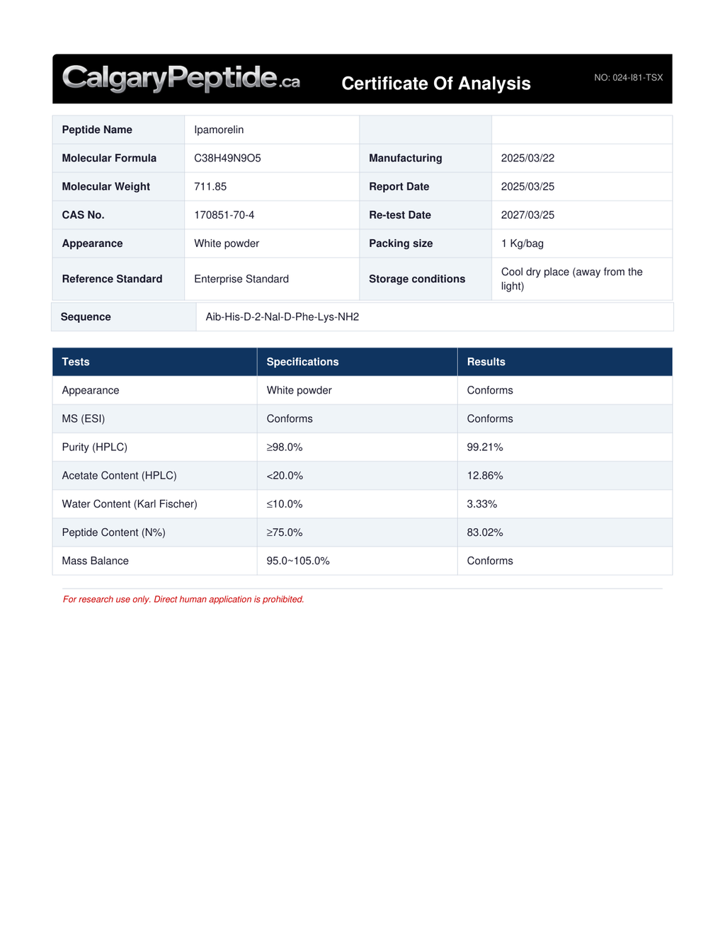 A digital Certificate of Analysis document for CalgaryPeptide.ca, detailing specifications and quality metrics for the peptide product 'Spermidin'.
