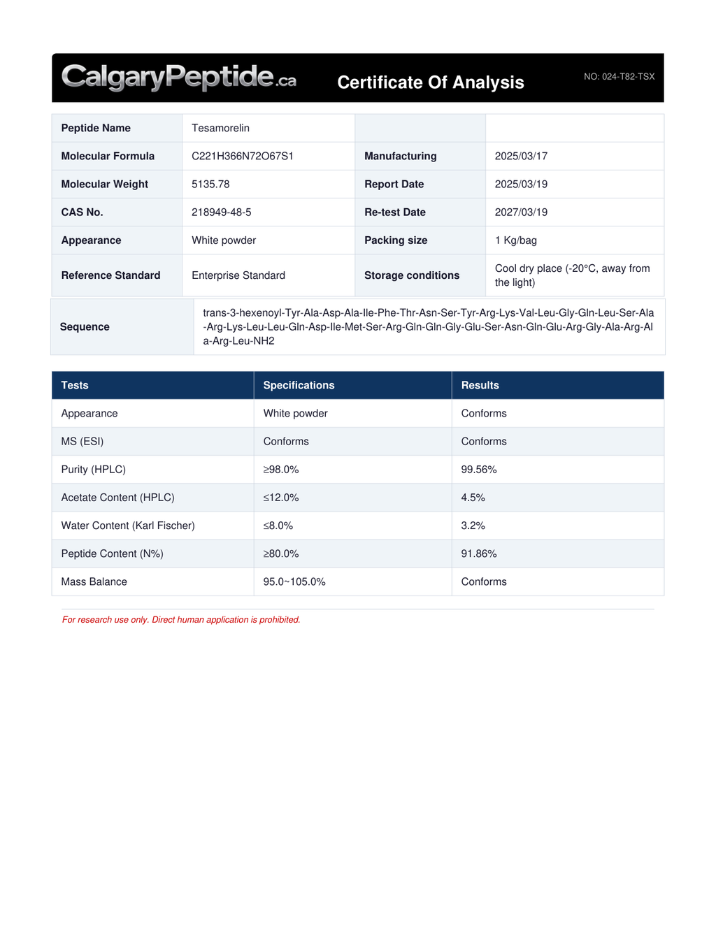 A digital document showing a Certificate of Analysis for the peptide Tesarmin from CalgaryPeptide.com, containing detailed specifications, purity, and quality metrics in a structured table format.