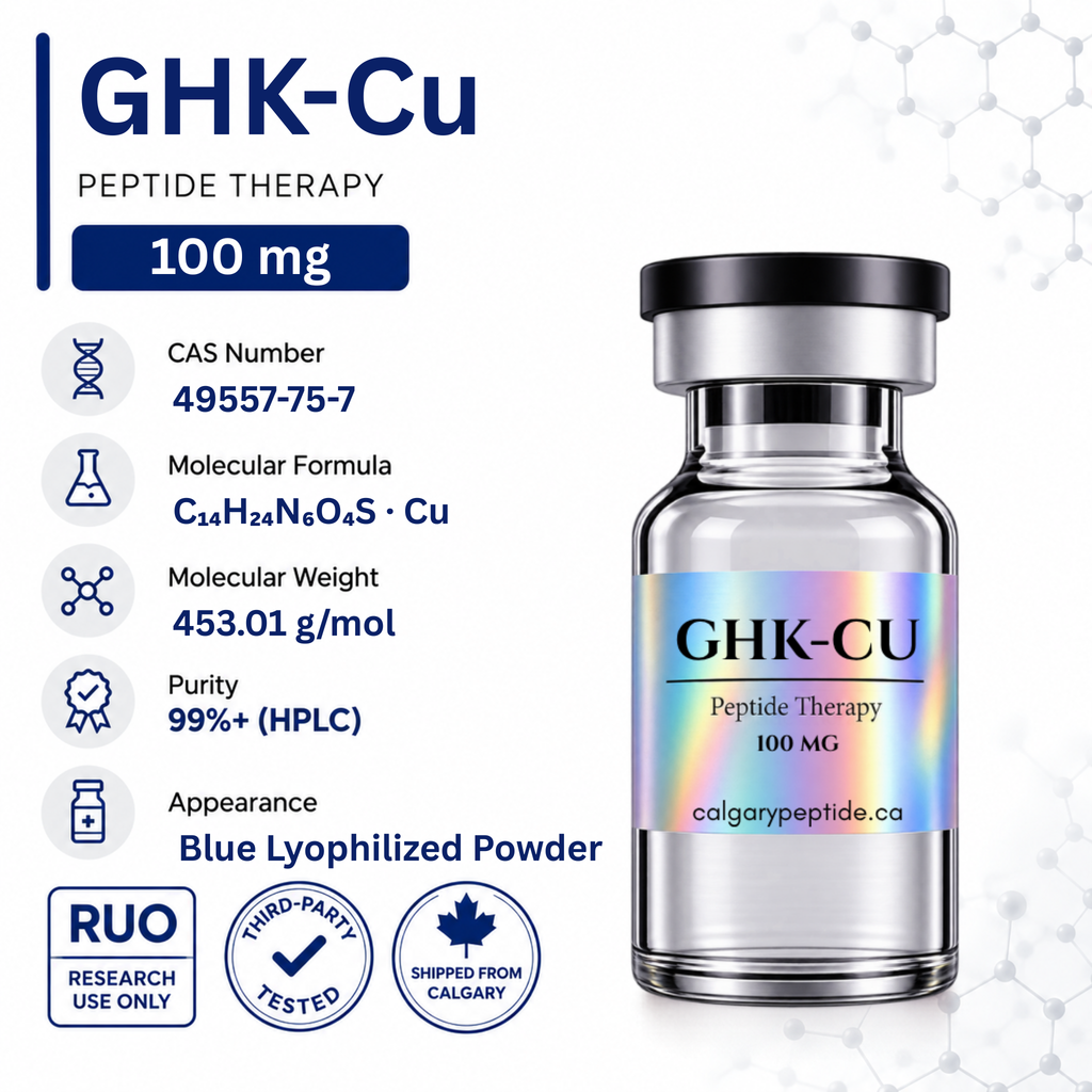 A vial of GHK-Cu Peptide Therapy 100 mg shown on a white background with product details and certification badges. The vial has a holographic blue label and a black cap.