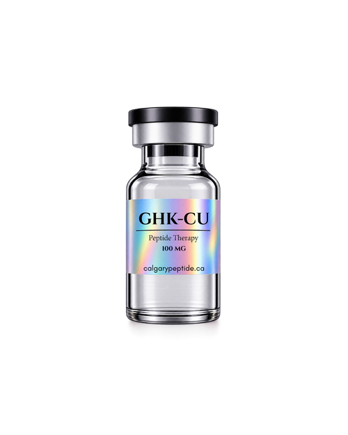 A glass vial of GHK-CU Peptide Therapy, 100 mg, featuring a holographic rainbow label and a black and silver cap, set against a plain white background.
