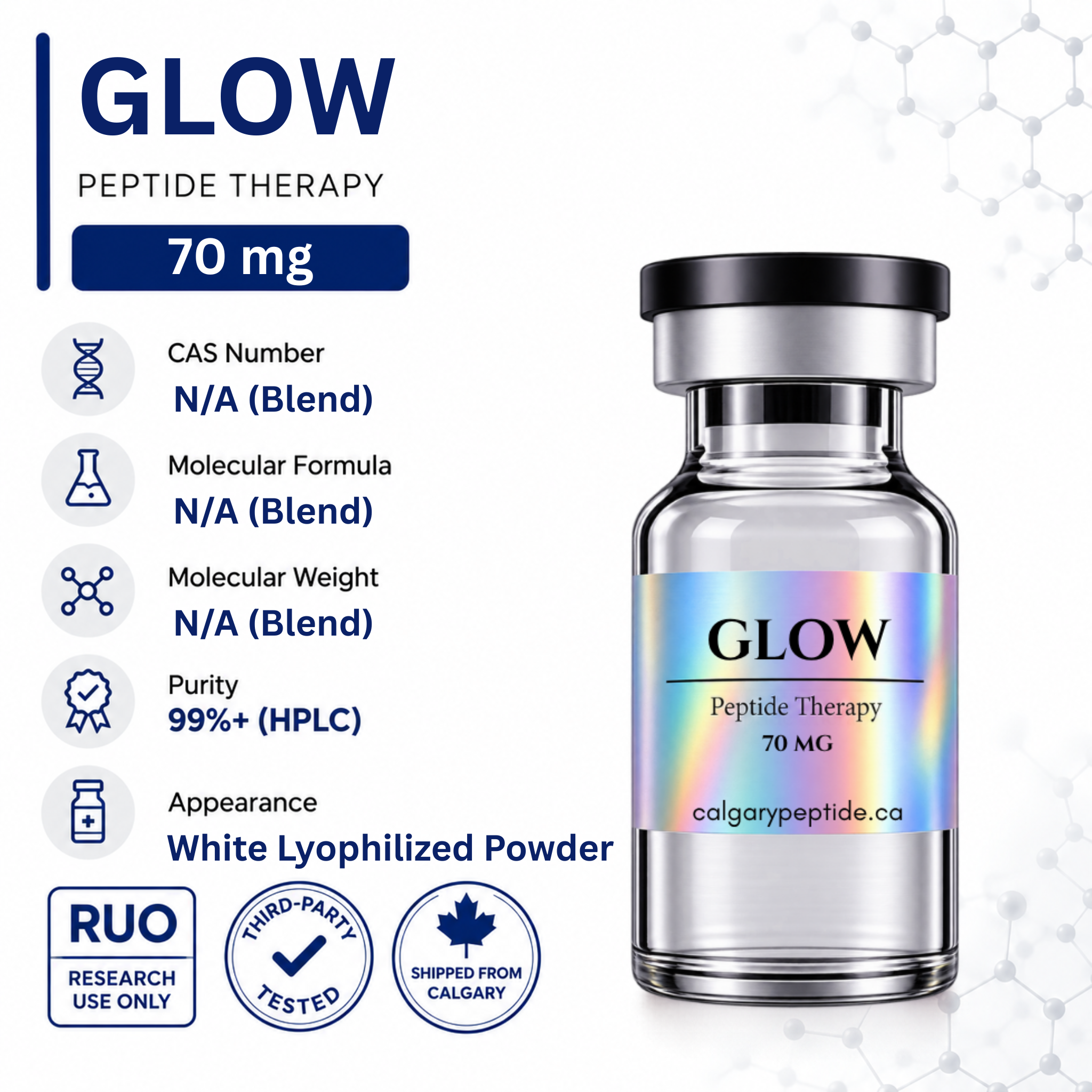 A vial of GLOW Peptide Therapy 70 mg shown on a white background with informational text and icons. The vial is clear glass with a black cap and an iridescent holographic label reading GLOW, Peptide Therapy, 70 MG, and calgarypeptide.