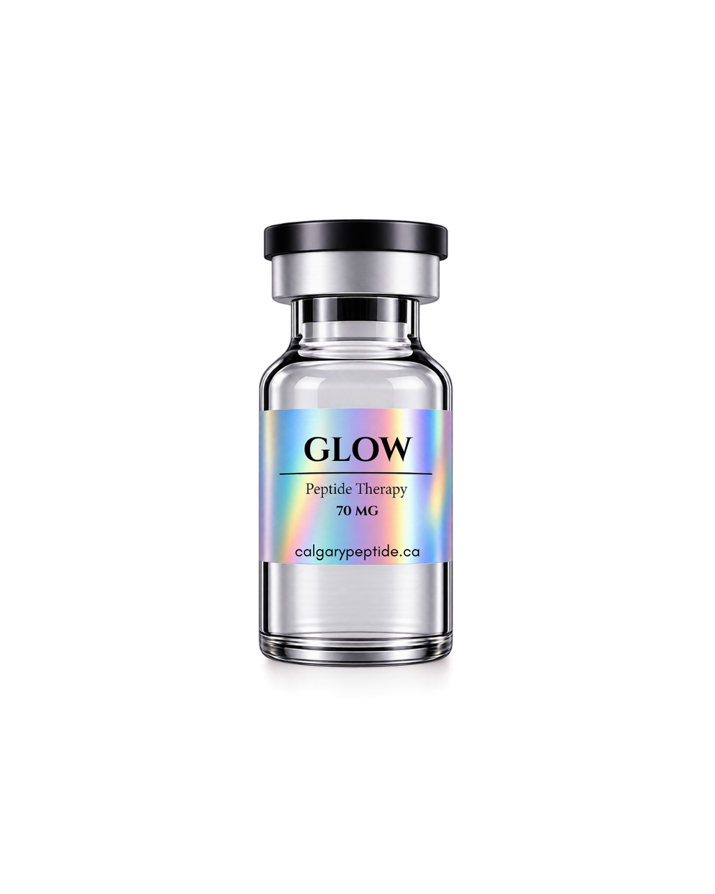 A clear glass vial with a black cap and a holographic label reading 'HGH Peptide Therapy 24 IU' and 'colgarypeptide.ca', centered on a white background.