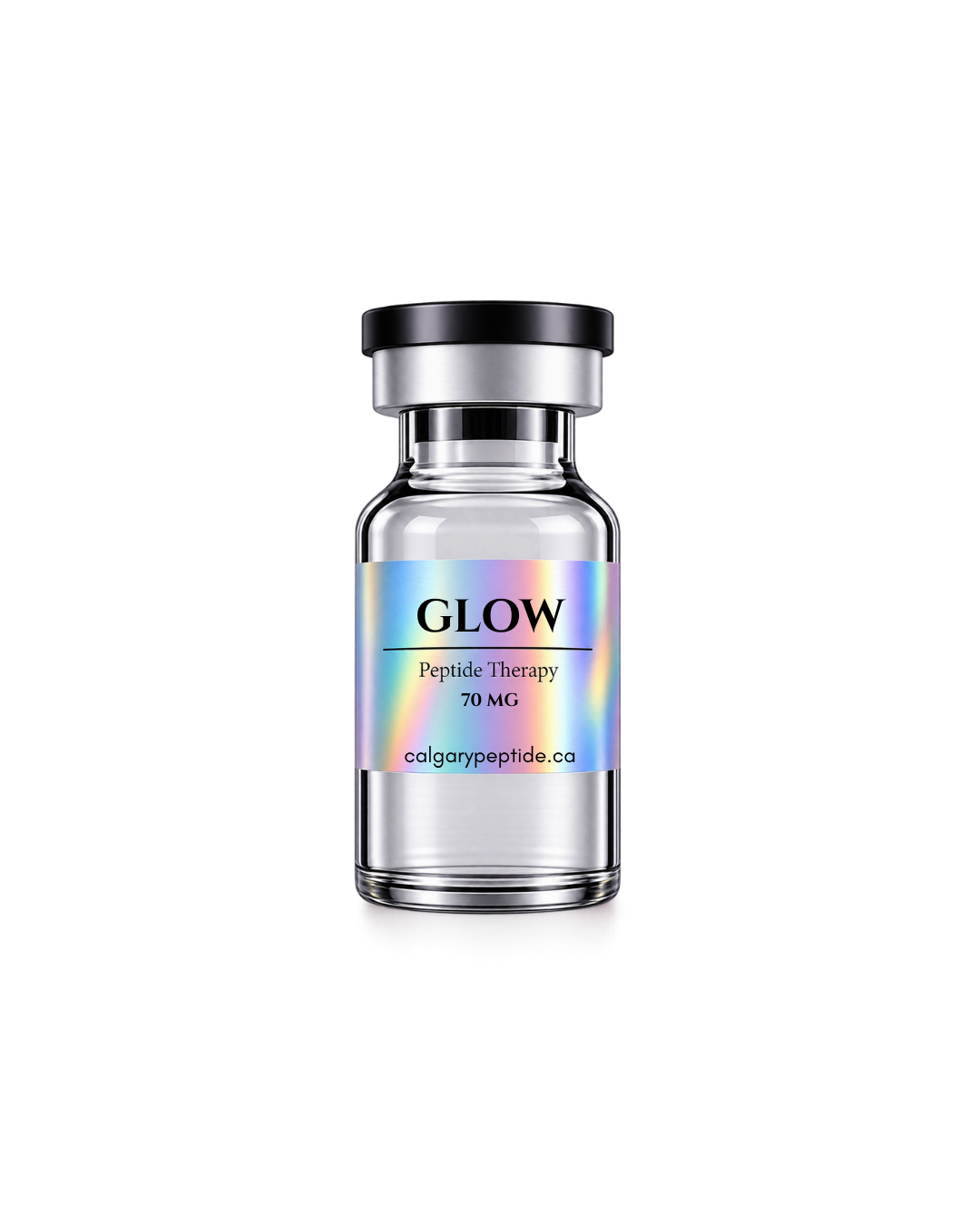 A clear glass vial with a black cap and a holographic label reading 'HGH Peptide Therapy 24 IU' and 'colgarypeptide.ca', centered on a white background.