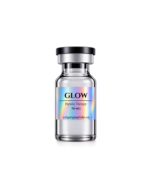 A clear glass vial with a black cap and a holographic label reading 'HGH Peptide Therapy 24 IU' and 'colgarypeptide.ca', centered on a white background.