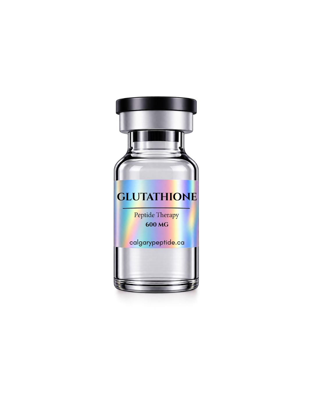 A clear glass vial of Glutathione Peptide Therapy, 600 mg, featuring a holographic iridescent label and a black and silver cap, set against a plain white background.