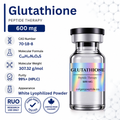 A vial of Glutathione Peptide Therapy, 600 mg, shown on a white background with informational text and icons detailing its CAS number, molecular formula, molecular weight, purity, appearance as white lyophilized powder, and shipping origin from Calgary.