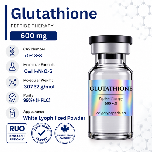 A vial of Glutathione Peptide Therapy, 600 mg, shown on a white background with informational text and icons detailing its CAS number, molecular formula, molecular weight, purity, appearance as white lyophilized powder, and shipping origin from Calgary.