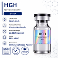 A vial of HGH Peptide Therapy 24 IU shown on a white background with informational text and icons. The vial is clear glass with a black cap and a holographic label reading 'HGH Peptide Therapy 24 IU' and 'colgarypeptide.