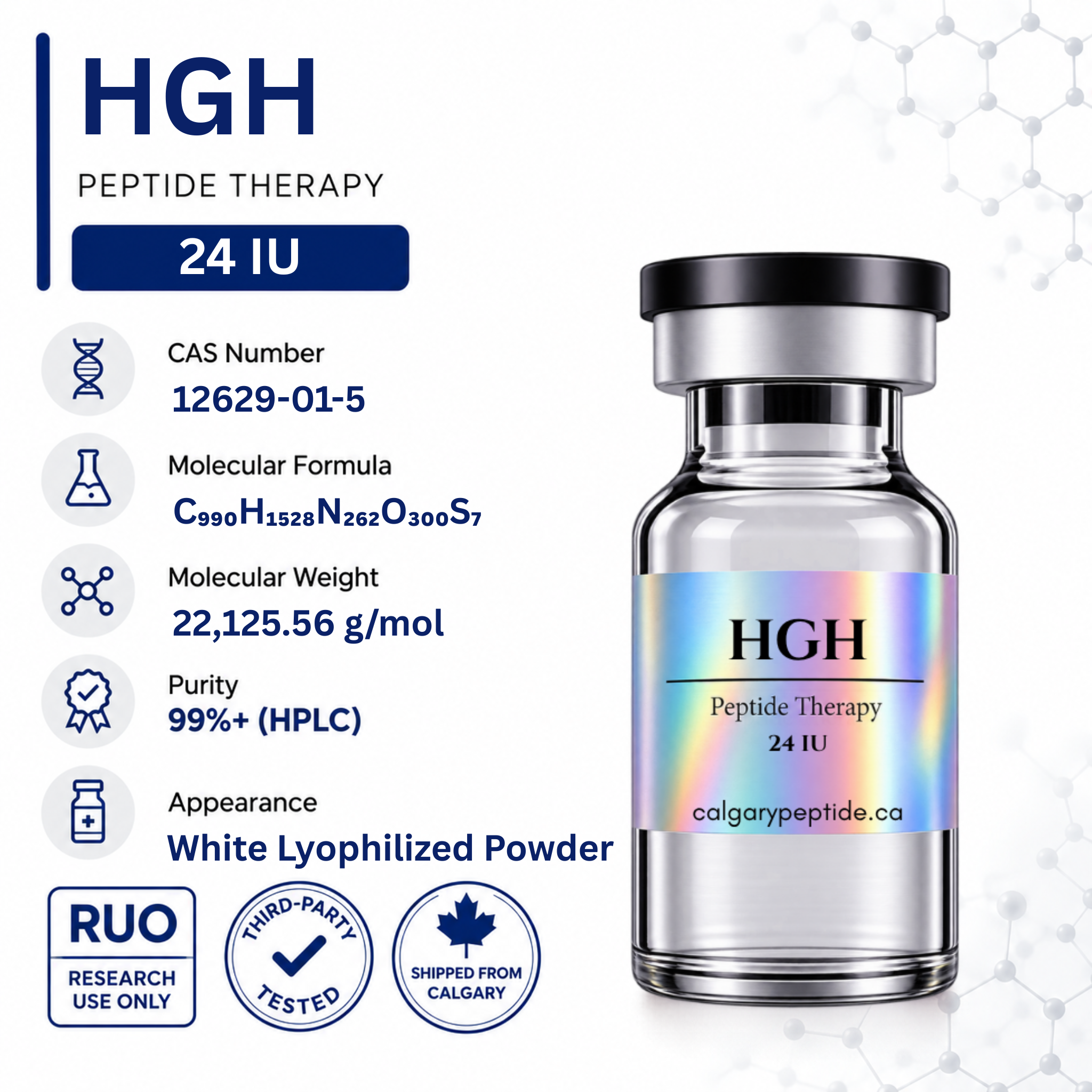 A vial of HGH Peptide Therapy 24 IU shown on a white background with informational text and icons. The vial is clear glass with a black cap and a holographic label reading 'HGH Peptide Therapy 24 IU' and 'colgarypeptide.