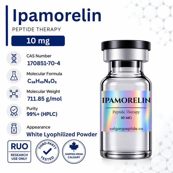 A vial of ipamorelin peptide therapy powder on a white background with text detailing product information, including CAS number, molecular formula, molecular weight, purity, appearance as white lyophilized powder, and shipping from Calgary. The vial has a holographic label with the brand name IPAMORELIN and the website colgarypeptide.