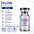 A vial of KLOW Peptide Therapy 80 mg blue lyophilized powder shown on a white background with informational text and icons. The vial has a black cap, a clear glass body, and an iridescent blue label.