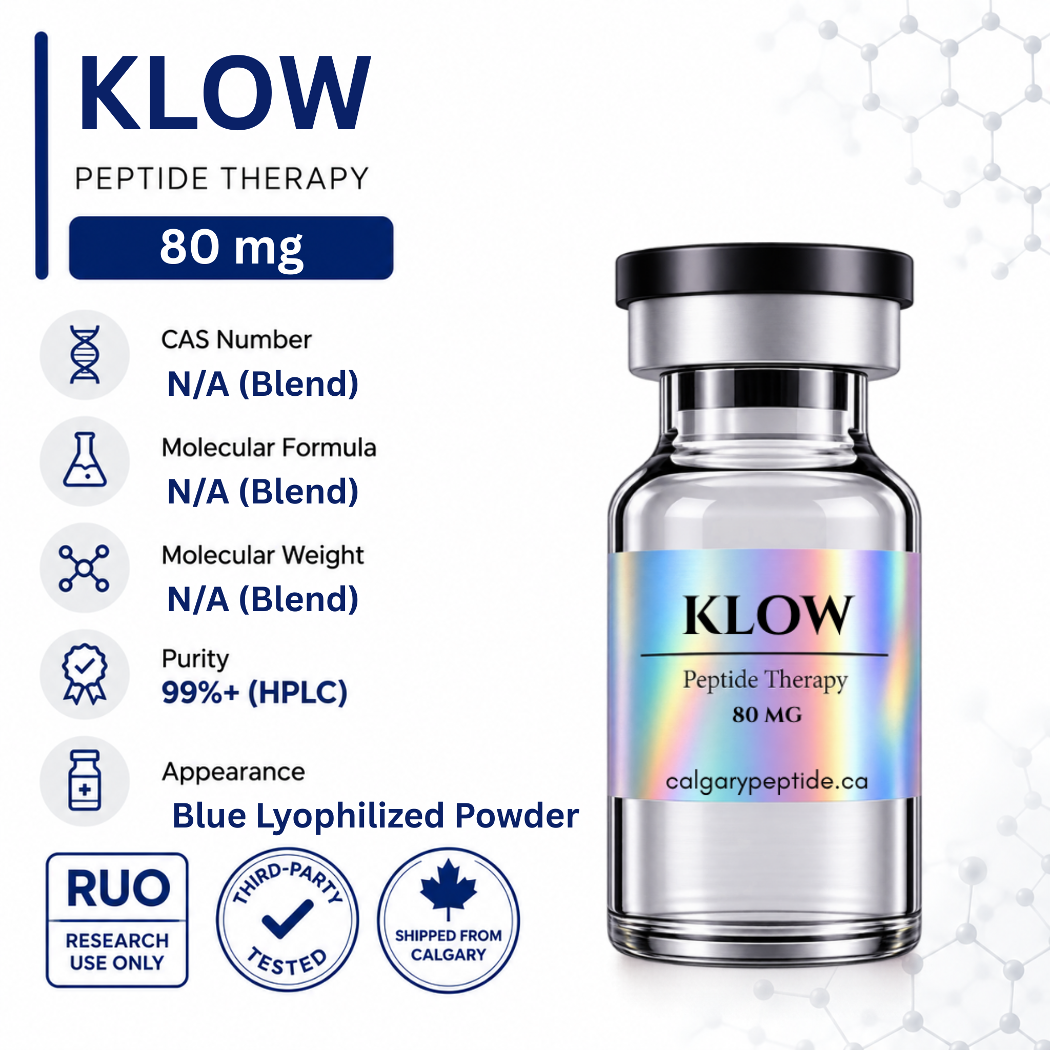 A vial of KLOW Peptide Therapy 80 mg blue lyophilized powder shown on a white background with informational text and icons. The vial has a black cap, a clear glass body, and an iridescent blue label.