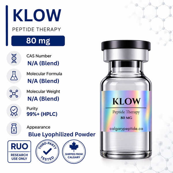 A vial of KLOW Peptide Therapy 80 mg blue lyophilized powder shown on a white background with informational text and icons. The vial has a black cap, a clear glass body, and an iridescent blue label.