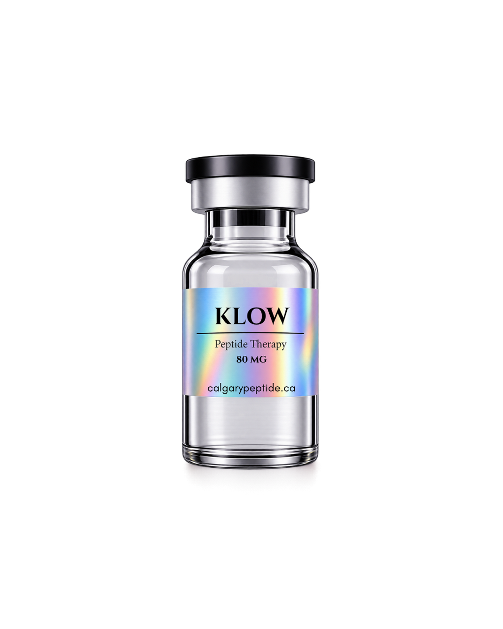 A clear glass vial with a black cap and a holographic label reading 'HGH Peptide Therapy 24 IU' and 'colgarypeptide.ca', centered on a white background.