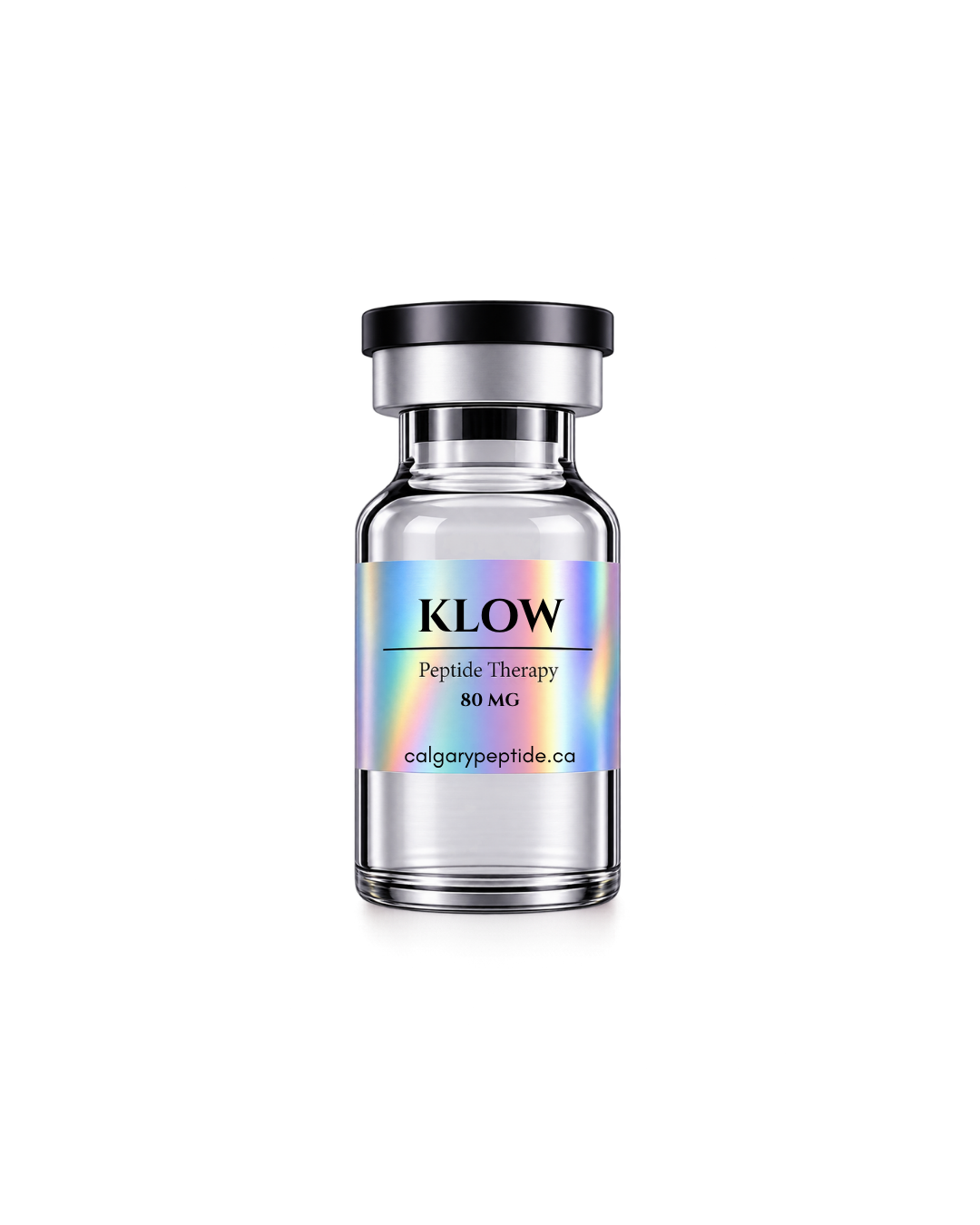 A clear glass vial with a black cap and a holographic label reading 'HGH Peptide Therapy 24 IU' and 'colgarypeptide.ca', centered on a white background.