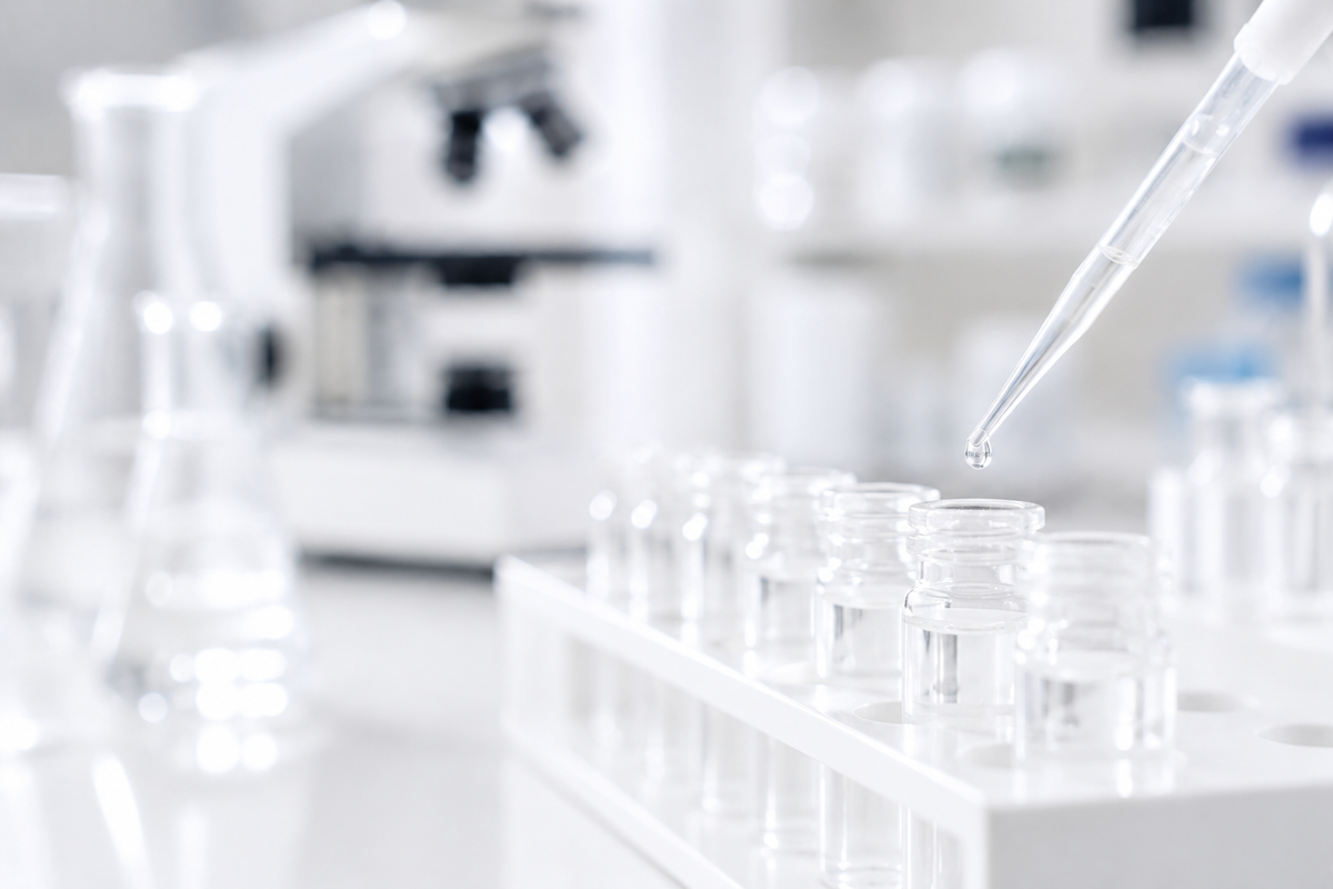 Laboratory setting with test tubes and a pipette in focus, blurred background