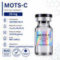 A vial of MOTS-C Peptide Therapy 20 mg white lyophilized powder on a white background with product details, CAS number, molecular formula, molecular weight, purity, appearance, and shipping badges.