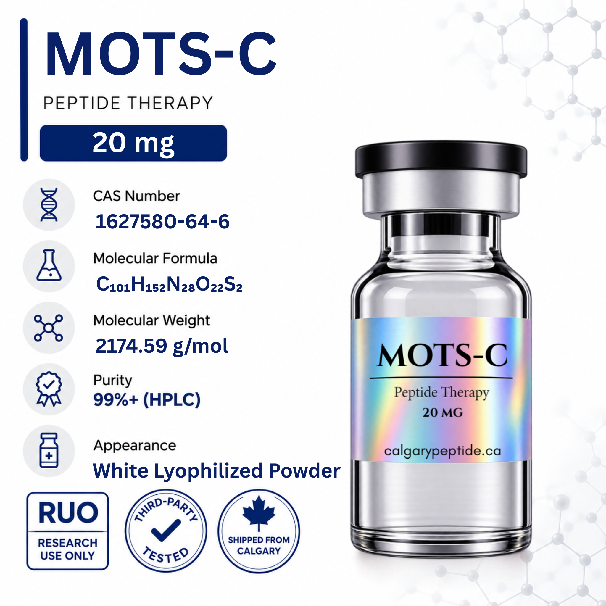 A vial of MOTS-C Peptide Therapy 20 mg white lyophilized powder on a white background with product details, CAS number, molecular formula, molecular weight, purity, appearance, and shipping badges.