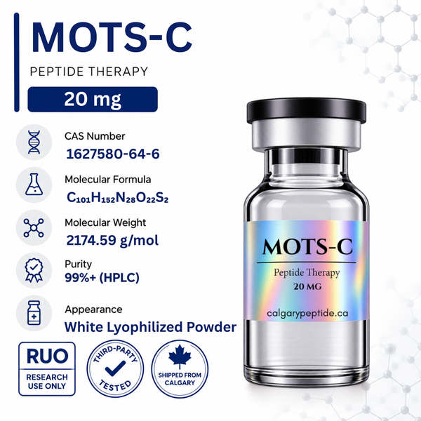 A vial of MOTS-C Peptide Therapy 20 mg white lyophilized powder on a white background with product details, CAS number, molecular formula, molecular weight, purity, appearance, and shipping badges.