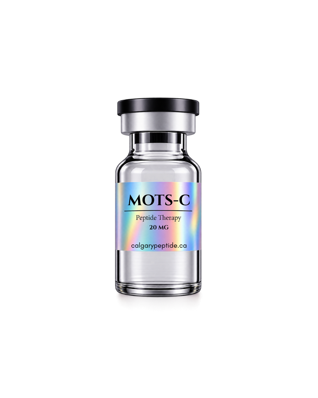 A clear glass vial with a black cap and a holographic label reading 'MOTS-C Peptide Therapy 20 MG colgarypeptide.ca' on a white background.