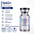 A vial of NAD+ Peptide Therapy 1000 mg lyophilized powder shown on a white background with product information text and certification badges on the left. The vial has a holographic label with the text 'NAD+' and 'Peptide Therapy 1000 MG' and the website colgarypeptide.