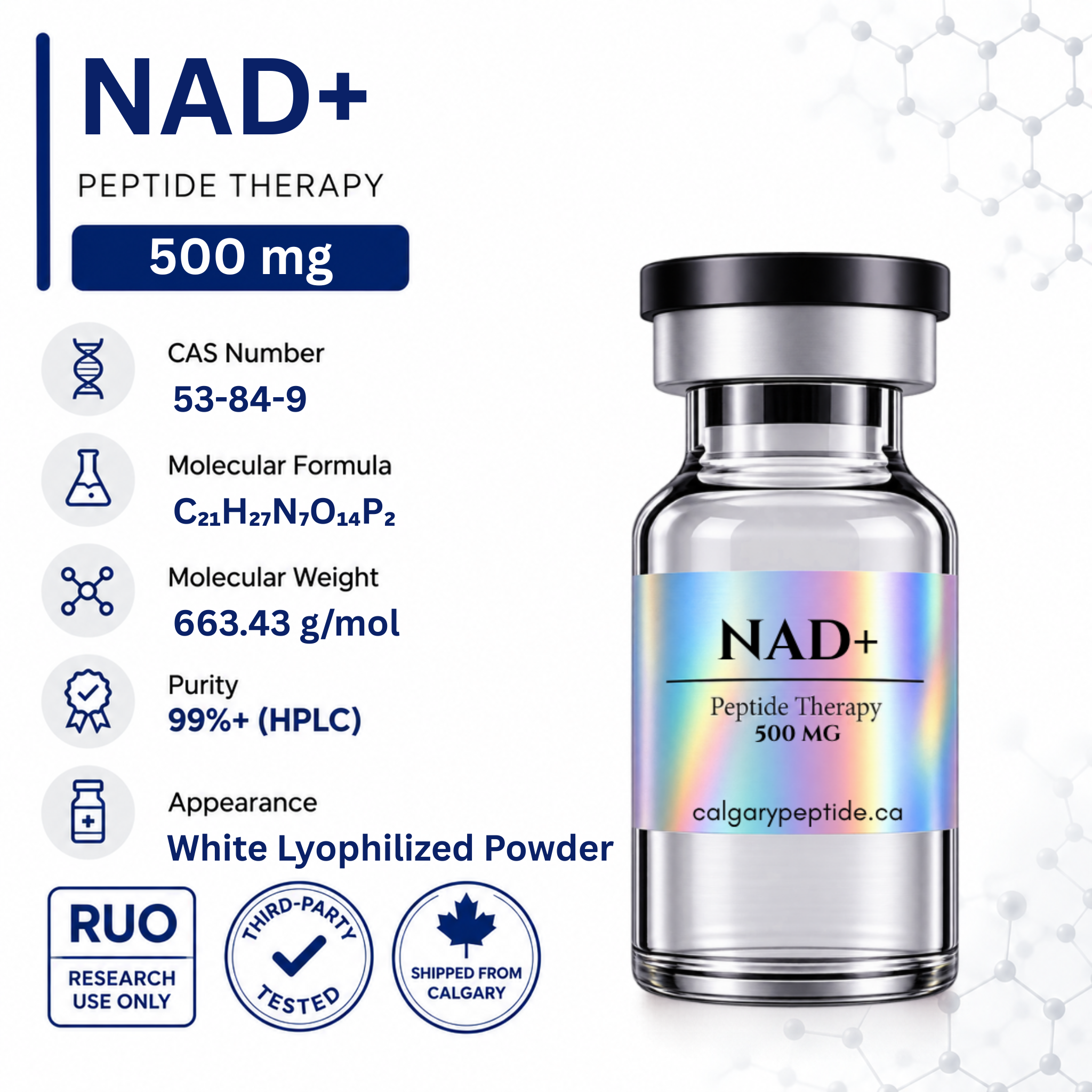 A vial of NAD+ Peptide Therapy 1000 mg lyophilized powder shown on a white background with product information text and certification badges on the left. The vial has a holographic label with the text 'NAD+' and 'Peptide Therapy 1000 MG' and the website colgarypeptide.