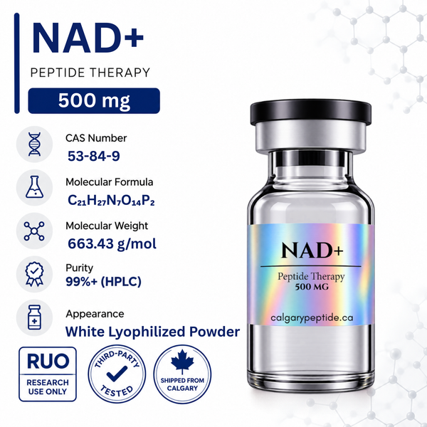 A vial of NAD+ Peptide Therapy 1000 mg lyophilized powder shown on a white background with product information text and certification badges on the left. The vial has a holographic label with the text 'NAD+' and 'Peptide Therapy 1000 MG' and the website colgarypeptide.