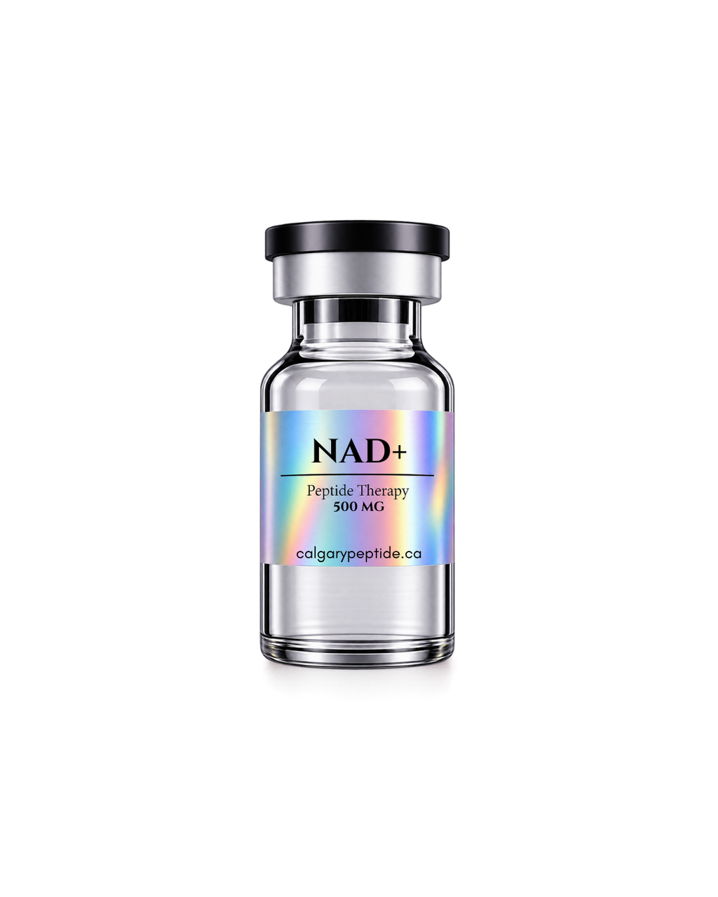 A clear glass vial with a black cap and a holographic label reading 'HGH Peptide Therapy 24 IU' and 'colgarypeptide.ca', centered on a white background.