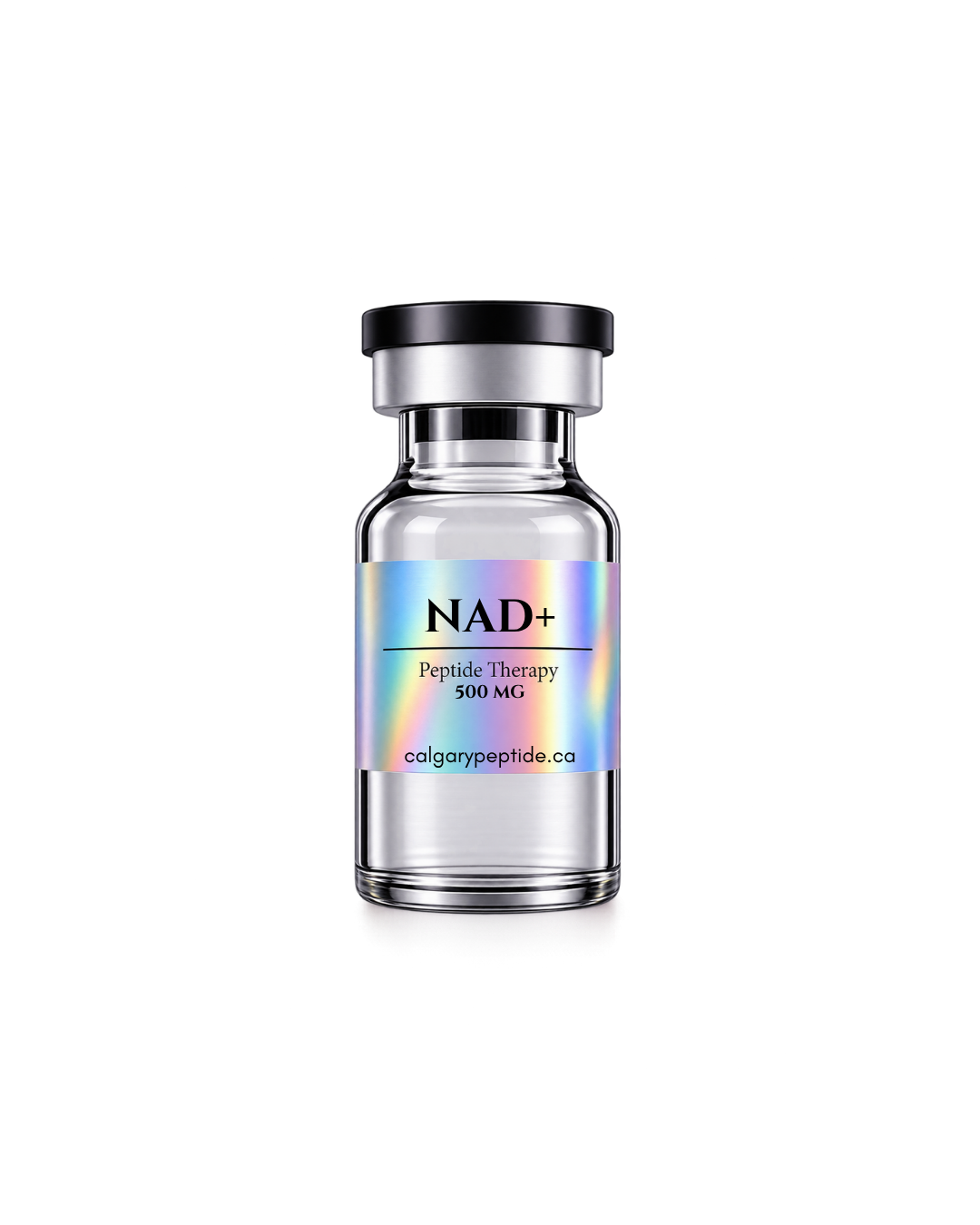 A clear glass vial with a black cap and a holographic label reading 'HGH Peptide Therapy 24 IU' and 'colgarypeptide.ca', centered on a white background.
