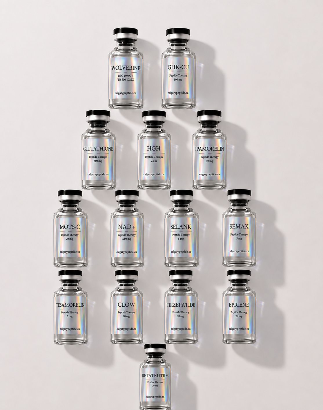 A set of small clear glass vials with black caps and iridescent labels, arranged in a pyramid pattern on a light gray background. The labels show various cosmetic names such as WOLFRAMINE, GH-CU, GLUTATION, FISH, RAMORIN, MOTSC, NAD+, SEMLANK, SEMAX, GLOW, BIOFLAVIN, and ESTIMIN.