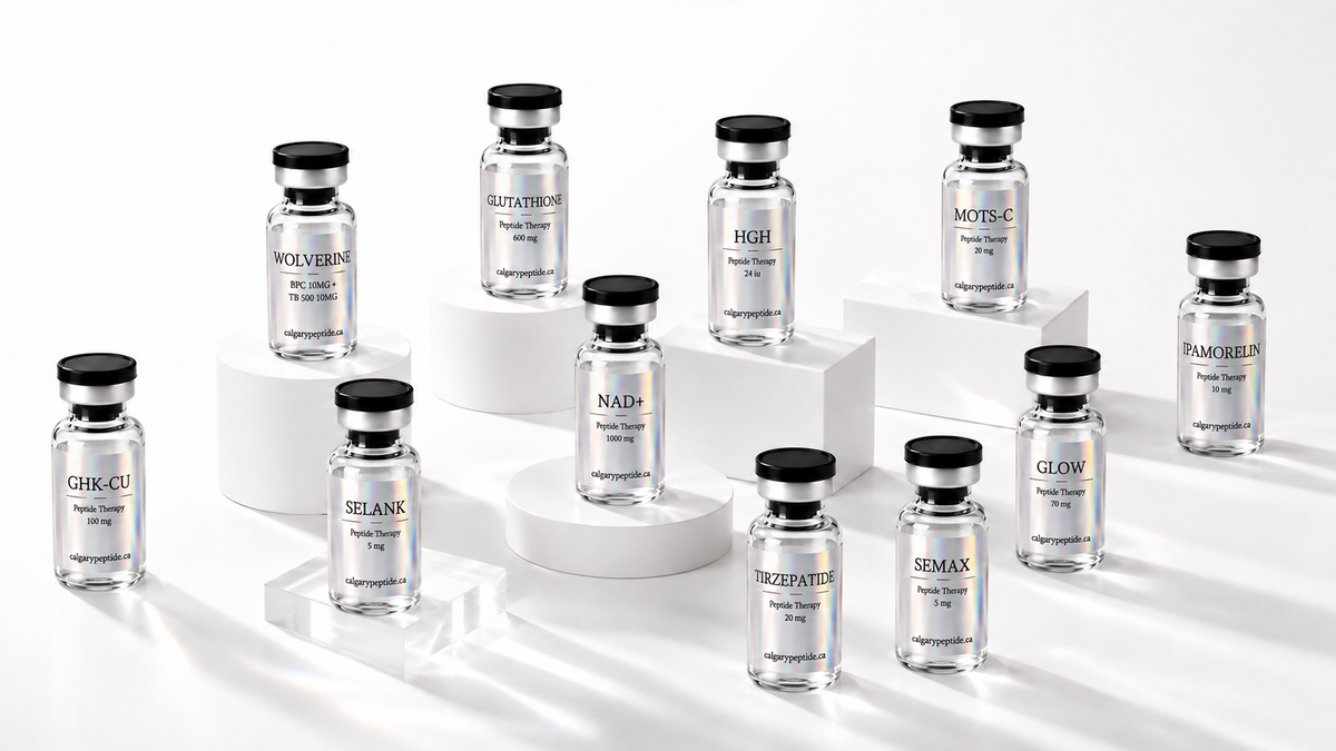A group of clear glass cosmetic vials with black caps arranged on white display pedestals against a bright white background. The vials contain a transparent liquid and are labeled with names such as WOLVERINE, OPTIMIZATION, HIGH, MOTYC-C, NAD+, CHEK-CU, SELANK, RAMPOLIN, NADP+, SEDAX, and GLOW.