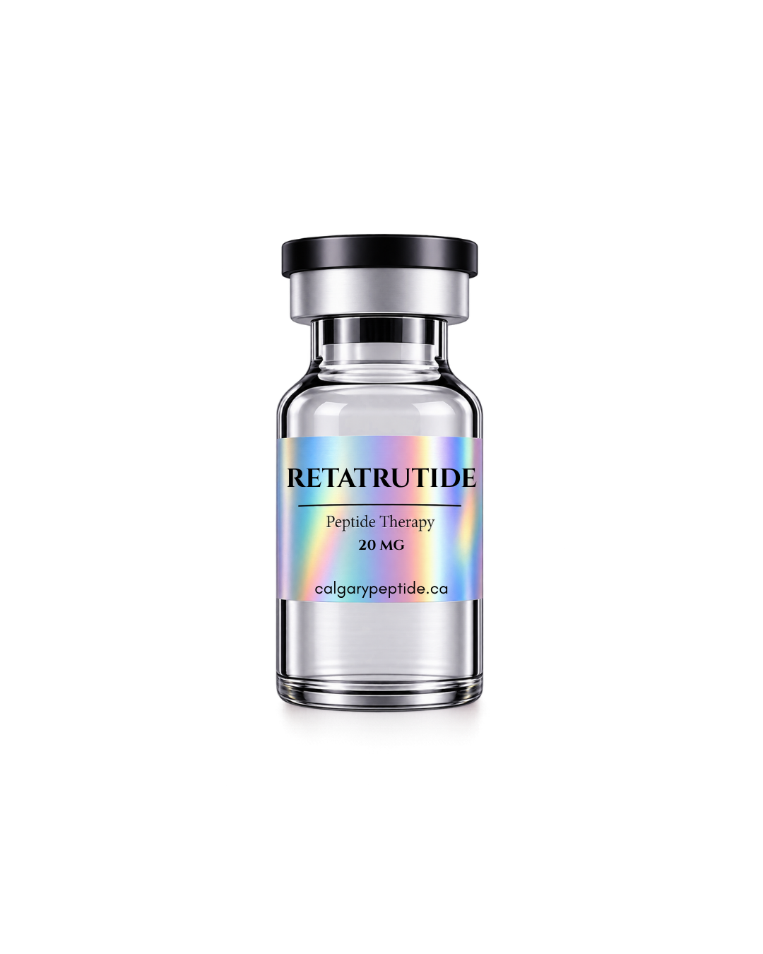 A clear glass vial with a black cap and a holographic label reading RETATRUTIDE, Peptide Therapy, 20 MG, on a white background.