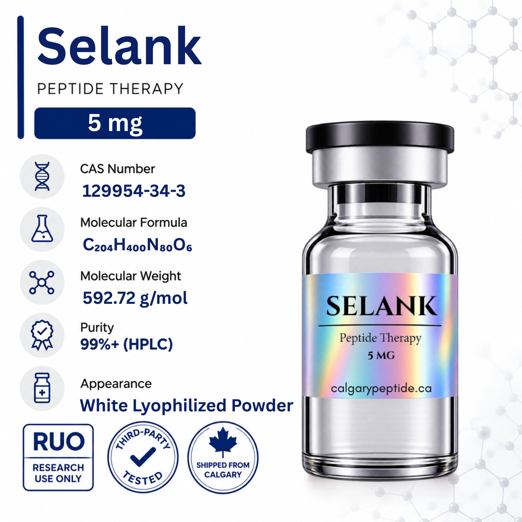 A vial of Selank Peptide Therapy 5 mg shown on a white background with product information text on the left. The vial has a holographic label with the brand name SELANK and website colgarypeptide.