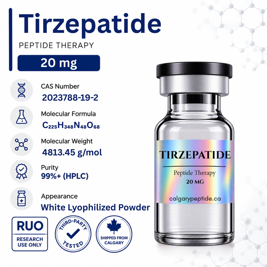 A vial of Tirzepatide Peptide Therapy, 20 mg, shown on a white background with product details and certification badges on the left. The vial has a holographic label with the brand name 'colgarypeptide.