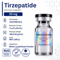 A vial of Tirzepatide Peptide Therapy, 20 mg, shown on a white background with product details and certification badges on the left. The vial has a holographic label with the brand name 'colgarypeptide.
