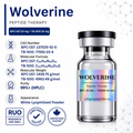 A product information graphic for Wolverine Peptide Therapy showing a glass vial labeled WOLVERINE, alongside text listing CAS number, molecular formula, molecular weight, purity, appearance as white lyophilized powder, and certification badges on a white background.