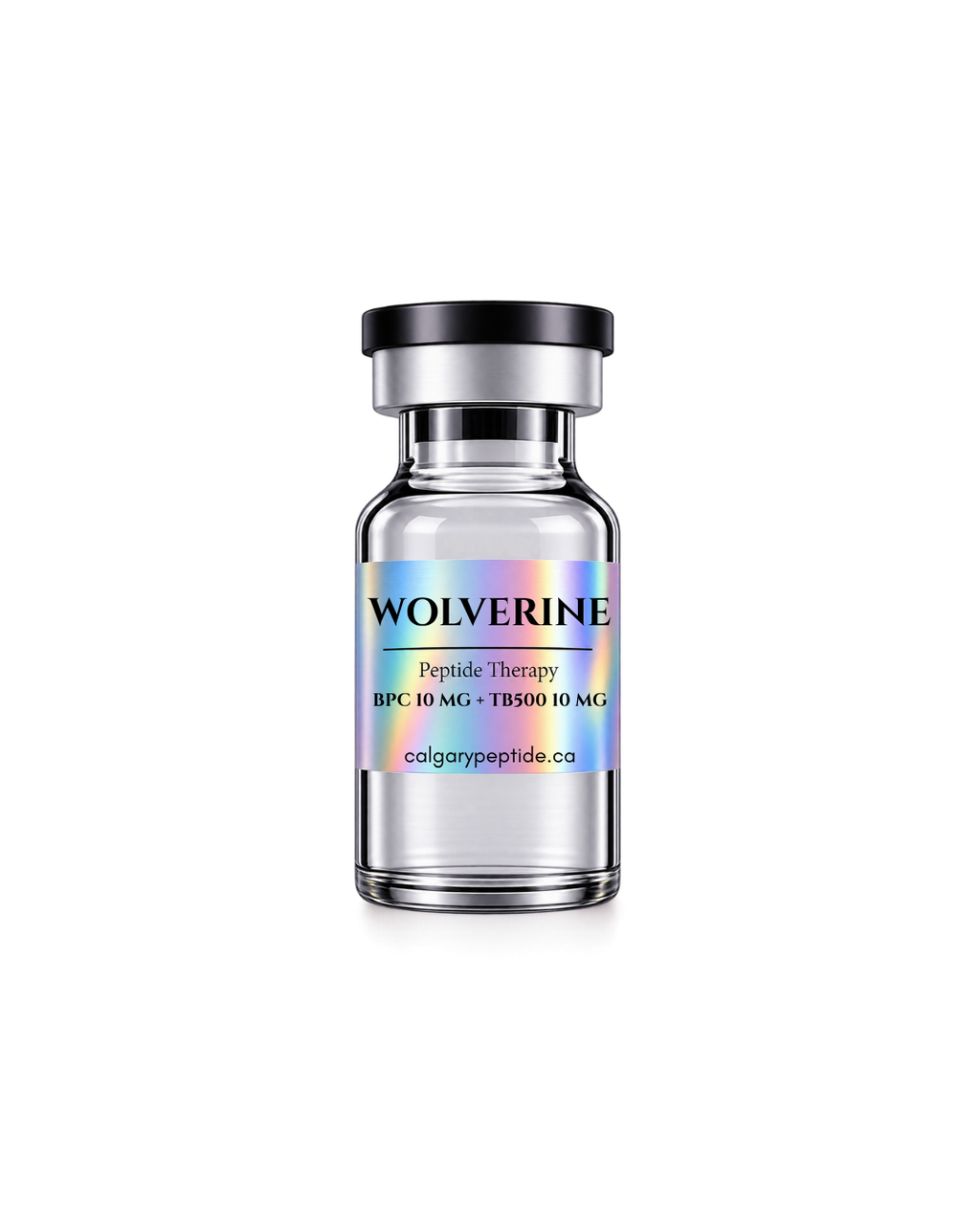 A clear glass vial with a black cap and a holographic label reading 'WOLVERINE Peptide Therapy BPC 195 10 MG + TBG 600 10 MG' on a white background.