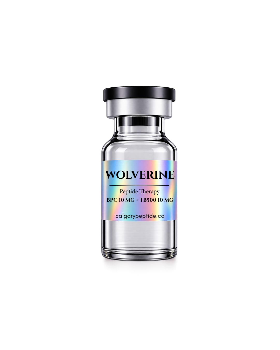 A clear glass vial with a black cap and a holographic label reading 'WOLVERINE Peptide Therapy BPC 195 10 MG + TBG 600 10 MG' on a white background.